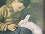 Boy with White Rabbit - Antique Chromolithograph in original frame
