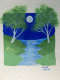 Jackie Ludtke Original American Landscape Painting - birch trees, water, full moon, stars