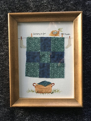 Vintage Signed Watercolor Painting “Laundry is for the birds” clothesline with quilt & socks