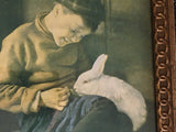 Boy with White Rabbit - Antique Chromolithograph in original frame
