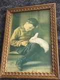 Boy with White Rabbit - Antique Chromolithograph in original frame