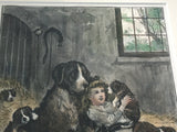 Antique Print of Girl & 8 Saint Bernard (or Bernese Mountain) Dogs “A Privileged Visitor” by Stanley Berkeley
