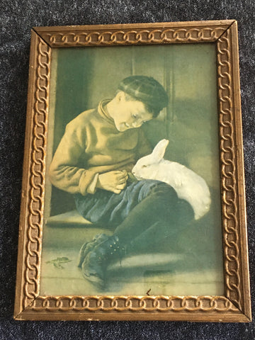 Boy with White Rabbit - Antique Chromolithograph in original frame