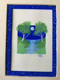 Jackie Ludtke Original American Landscape Painting - birch trees, water, full moon, stars