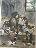 Antique Print of Girl & 8 Saint Bernard (or Bernese Mountain) Dogs “A Privileged Visitor” by Stanley Berkeley