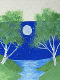 Jackie Ludtke Original American Landscape Painting - birch trees, water, full moon, stars