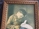 Boy with White Rabbit - Antique Chromolithograph in original frame