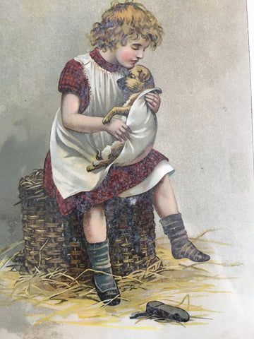 Girl Holding Her Puppy “SYMPATHY” Antique Chromolithograph Book Illustration