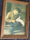 Boy with White Rabbit - Antique Chromolithograph in original frame