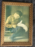 Boy with White Rabbit - Antique Chromolithograph in original frame