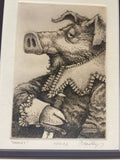 Hamlet original Shakespeare etching by Dale C. Bradley swine hog pig 1984