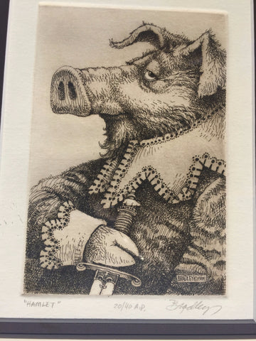Hamlet original Shakespeare etching by Dale C. Bradley swine hog pig 1984