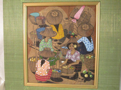 Original Painting Open Air Market Scene – a Thai (?) Leaf Painting - signed