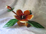 Vintage Exotic Painted Wood Flower Carving Sculpture Orange Red floral drama