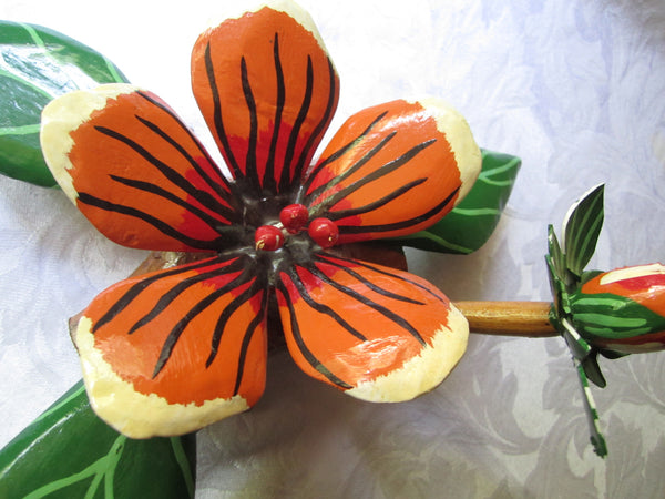 Vintage Exotic Painted Wood Flower Carving Sculpture Orange Red