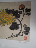David Hu Original Sumi Ink Painting Autumn flowers Yellow & Orange Signed Framed