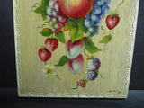 Elegant Fruit Still Life Decorative Painting on Wood Cutting Board signed Folk Art Vintage