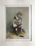 Girl Holding Her Puppy “SYMPATHY” Antique Chromolithograph Book Illustration