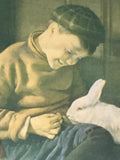 Boy with White Rabbit - Antique Chromolithograph in original frame