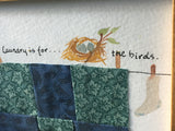 Vintage Signed Watercolor Painting “Laundry is for the birds” clothesline with quilt & socks