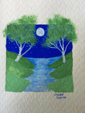 Jackie Ludtke Original American Landscape Painting - birch trees, water, full moon, stars