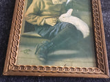 Boy with White Rabbit - Antique Chromolithograph in original frame