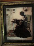 Vintage Silhouette Reverse Painting / Print on Glass Interior Scene with Woman Sewing