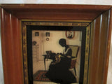 Vintage Silhouette Reverse Painting / Print on Glass Interior Scene with Woman Sewing