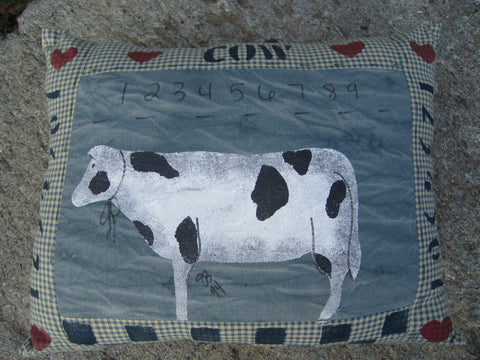 Cow Pillow American Primitive Folk Art numbers hearts signed JB dated 1994