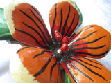Vintage Exotic Painted Wood Flower Carving Sculpture Orange Red floral drama
