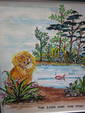 Lion & Fish 20th c. Original Landscape Painting Art pond scene Charming & Cute