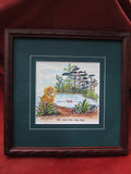 Lion & Fish 20th c. Original Landscape Painting Art pond scene Charming & Cute