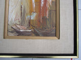 Vintage MCM Sailboats Nautical Painting on Canvas orange yellow brown 1960s 70s
