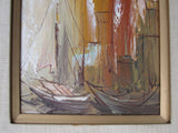 Vintage MCM Sailboats Nautical Painting on Canvas orange yellow brown 1960s 70s